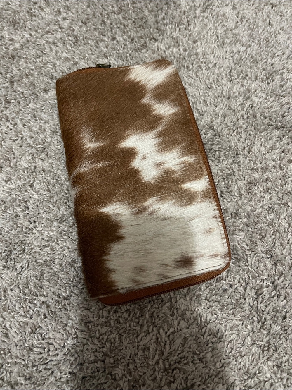 Brown and White Cowhide Zip Wallet
